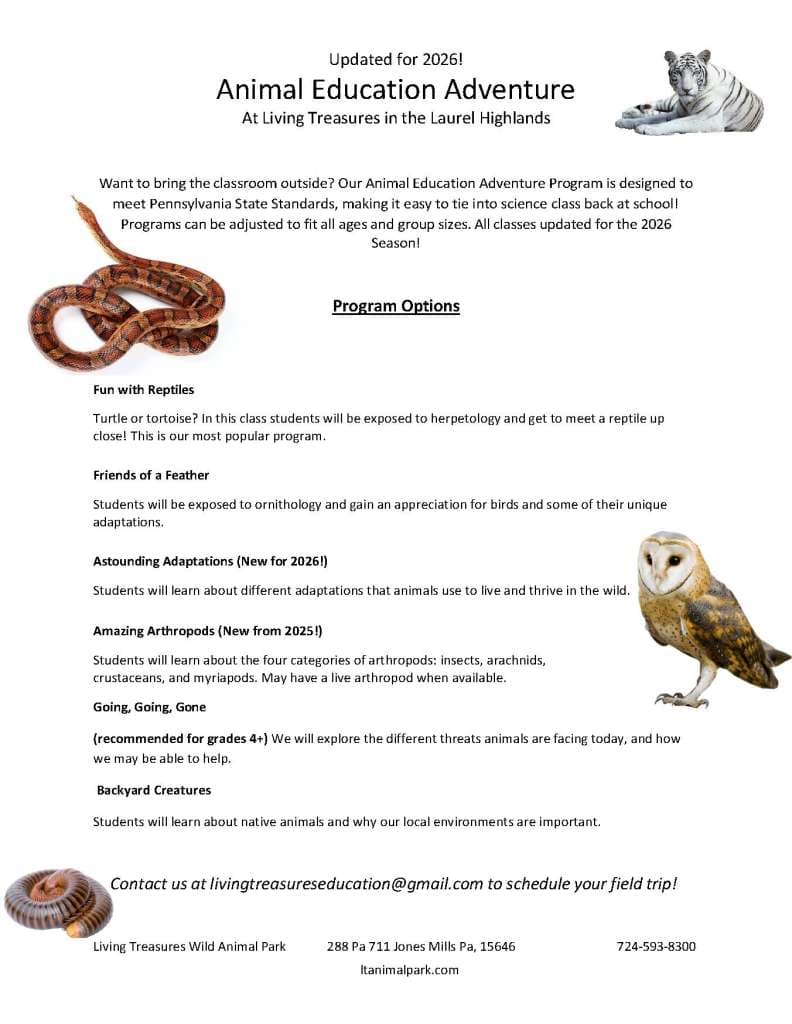 2026 Animal Education Adventure program flyer — program options
