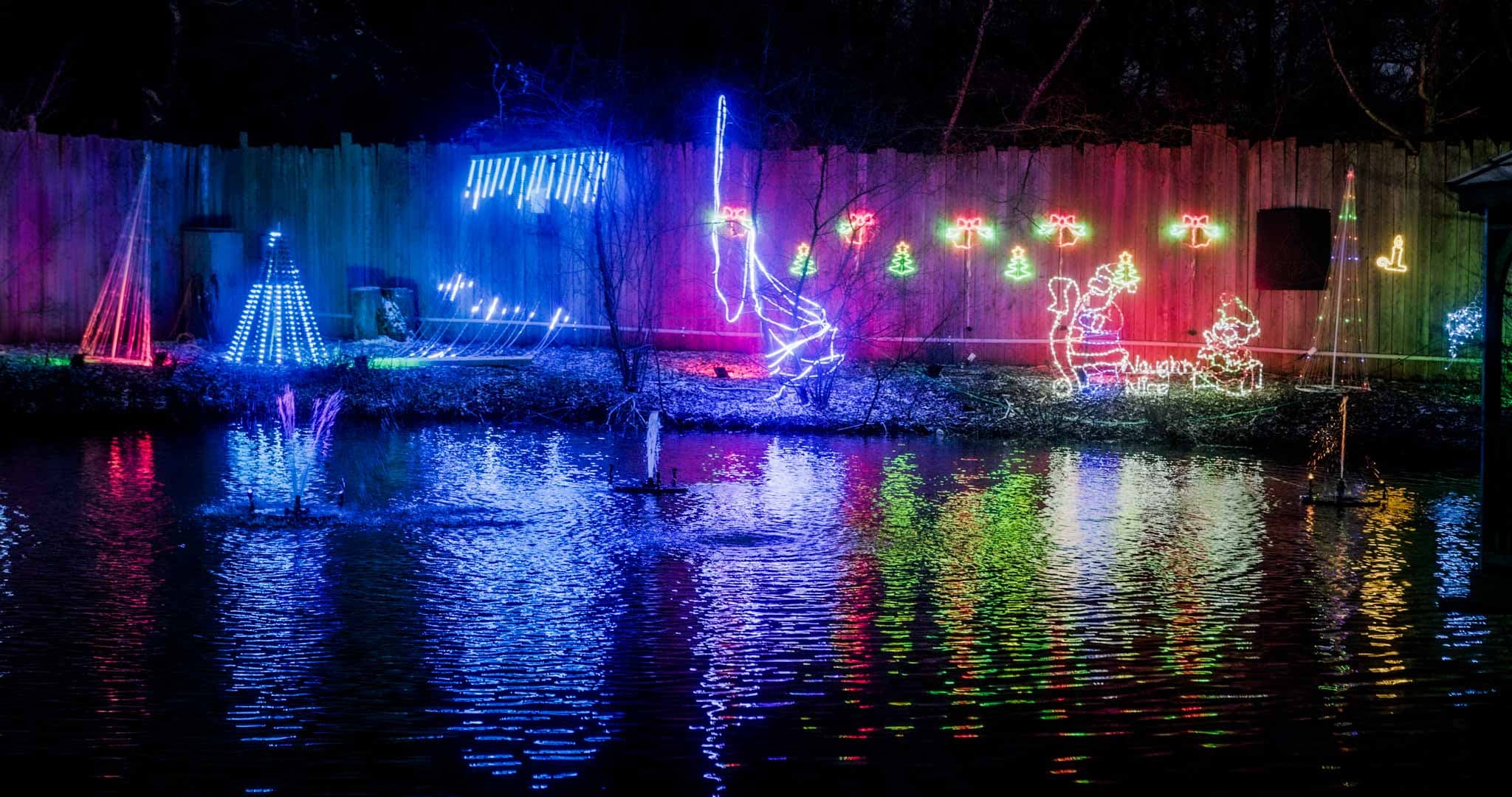 Holiday lights along park walkway